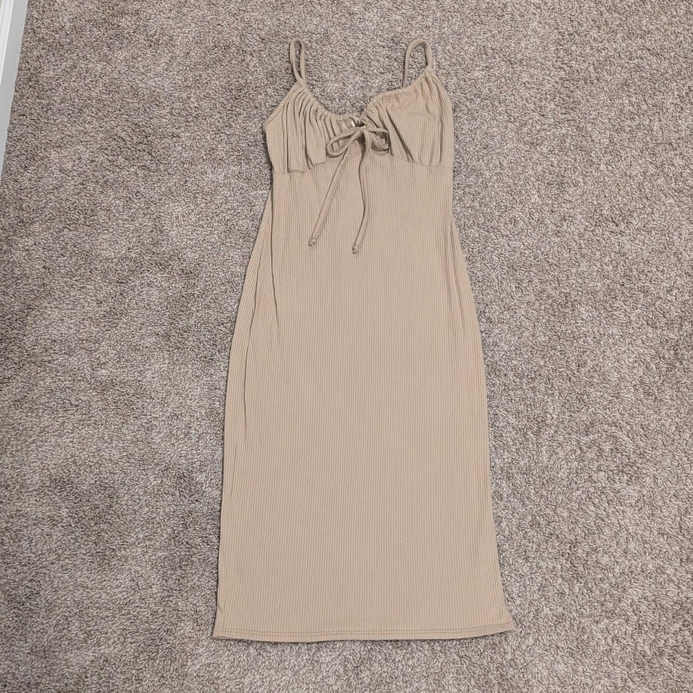 Tan / beige ribbed front tie babydoll style flattering bodycon maxi dress